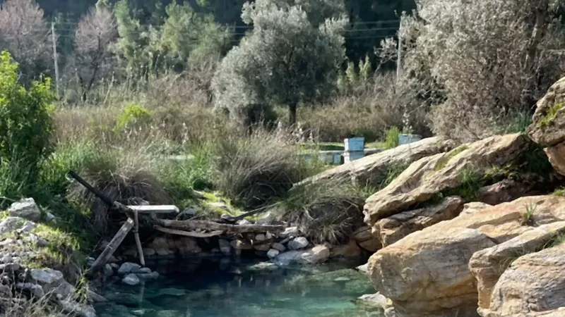 Clear thermal water against a rocky rim, the bed visible underneath Clear thermal water against a rocky rim, the bed visible underneath